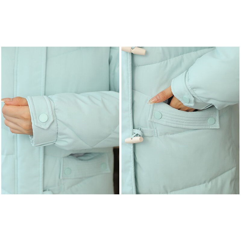 Jaket Berlapis Bawah Mantel Wanita Mode Jaket Berkerudung Tebal Panjang Longgar 2022 Jaket Katun Kancing Tanduk Musim Dingin Baru Perempuan