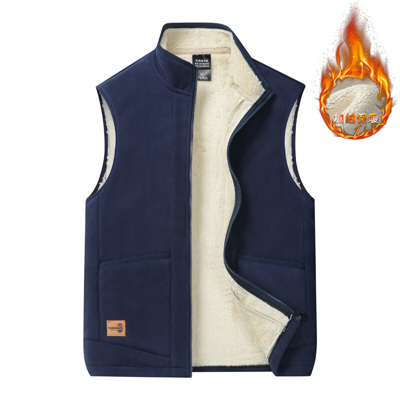 Men's Autumn and Winter New Warm Casual Stand Collar Solid Color Patchwork Pockets Sleeveless Thick Cardigan Zipper Vest Coats