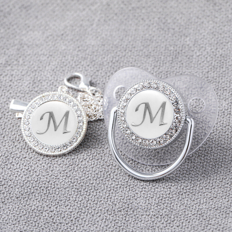 Baby Personalized Pacifier Clips Newborn Luxury Pacifiers Holder Letter Silver Bling Infant Transparent Silicone Nipple Bpa Free