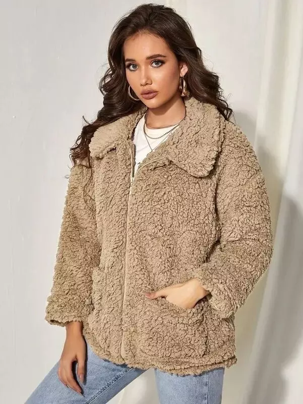 Casaco de imitação de cordeiro feminino, casacos grossos quentes de pele sintética com zíper monocromático, casacos peludos, outono e inverno