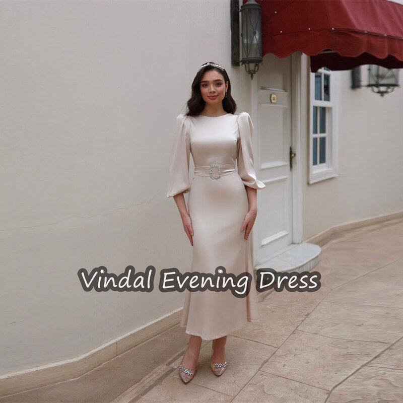 Vindal Ruffle Scoop Neckline Tea Length A-Line Evening Dress Crepe Elegant Built-in Bra Saudi Arabia 3/4 Sleeves For Woman 2024