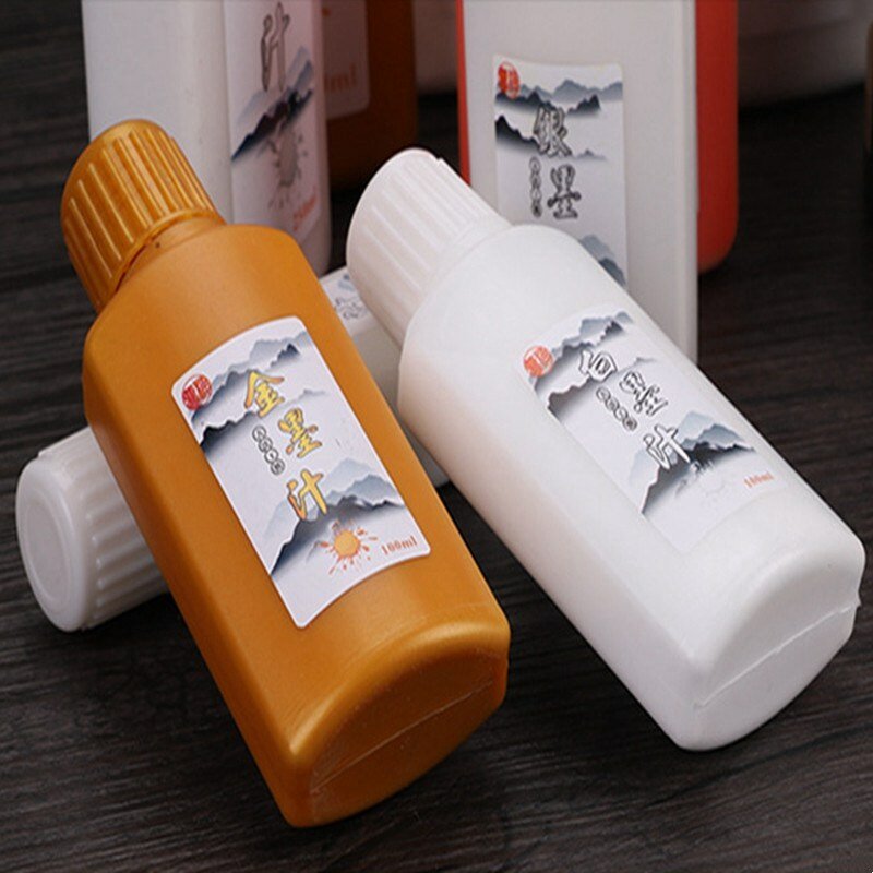 Botella de tinta de caligrafía de pintura china, pigmento metálico tradicional, papelería de escritura, oro, plata, blanco y rojo, 60ml