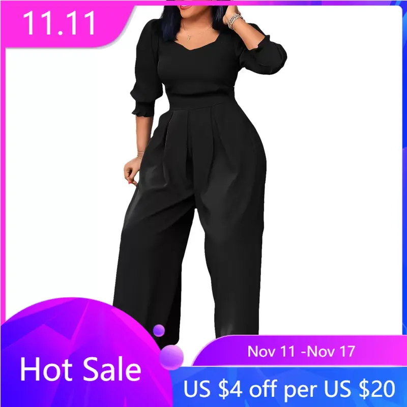 African Clothes for Women Outfits Loose Jumpsuit Fashion Streetwear 3/4 Sleeve Blue White Red Black Polyester Wide Leg Jumpsuit