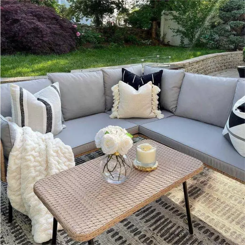 Outdoor Sofa Set of 4 with Thickness Cushions and Side Table, Rattan 4 PCS Patio Furniture Set, Outdoor Wicker L-Shaped Sofa