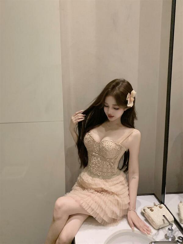 2024 Spring New Korean Lace Crystal Diamond Sexy Lace Camisole Women + Loose Pleated Mesh Cake Skirt Two-Piece