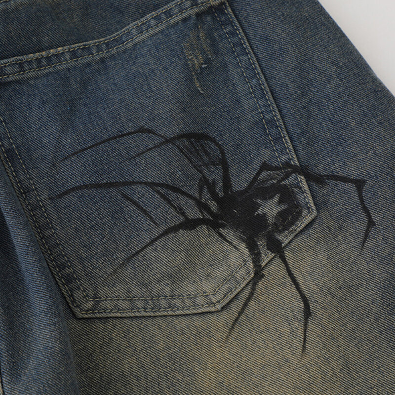 Y2K celana pendek Denim biru Motif Spider Cobweb, celana pendek Jeans kasual longgar musim panas mode Harajuku Hip Hop pakaian jalanan