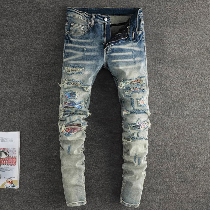 High Street Fashion celana Jeans pria Retro dicuci biru Stretch Skinny Fit robek Jeans pria menambal desainer Hip Hop celana merek Hombre