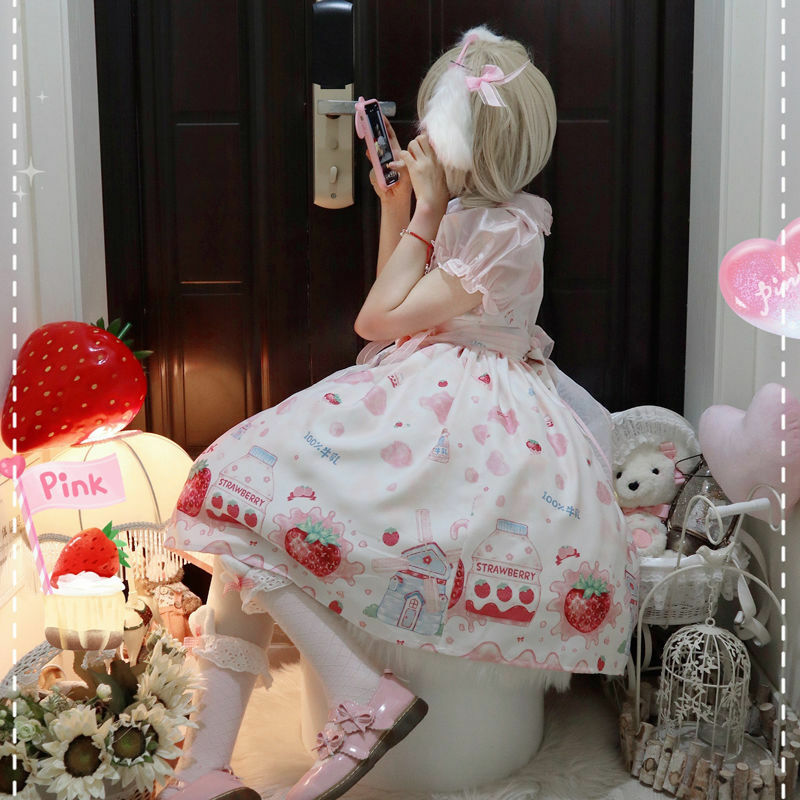 Morango leite lolita vestido japonês doce kawaii diariamente princesa vestido de manga curta bonito chá festa lolita macio irmã vestido