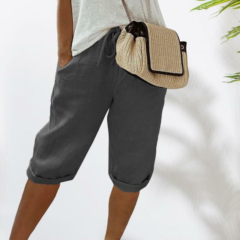 Pantalones cortos de verano para mujer, Shorts informales, elásticos, con cordón en la cintura, holgados, de Color sólido, cómodos