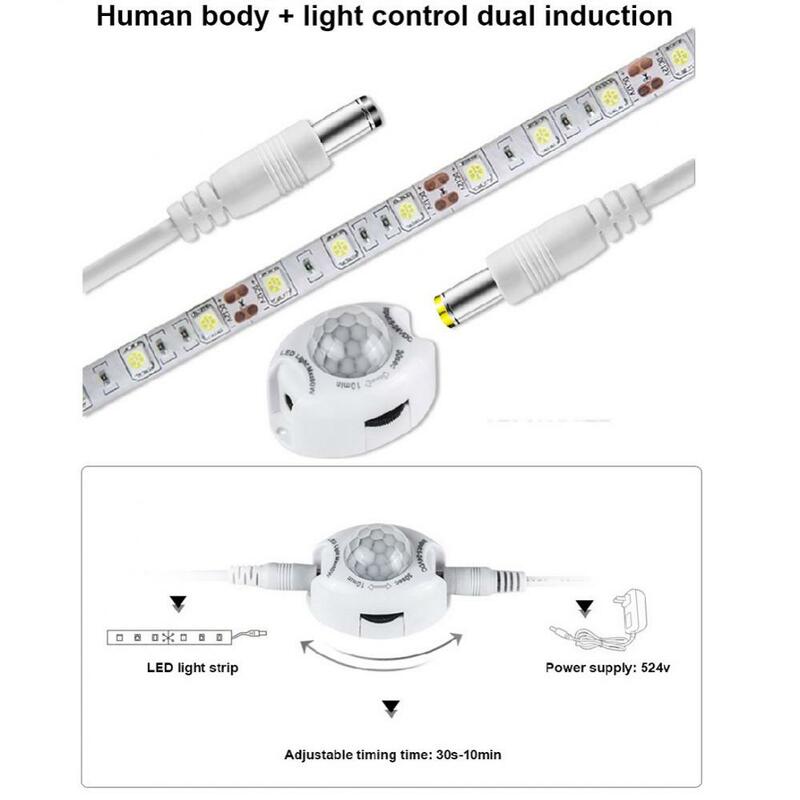 Bande lumineuse LED avec détecteur de mouvement PIR automatique, interrupteur de lumière, détecteur de mouvement humain, minuterie activée, DC 5V, 24V