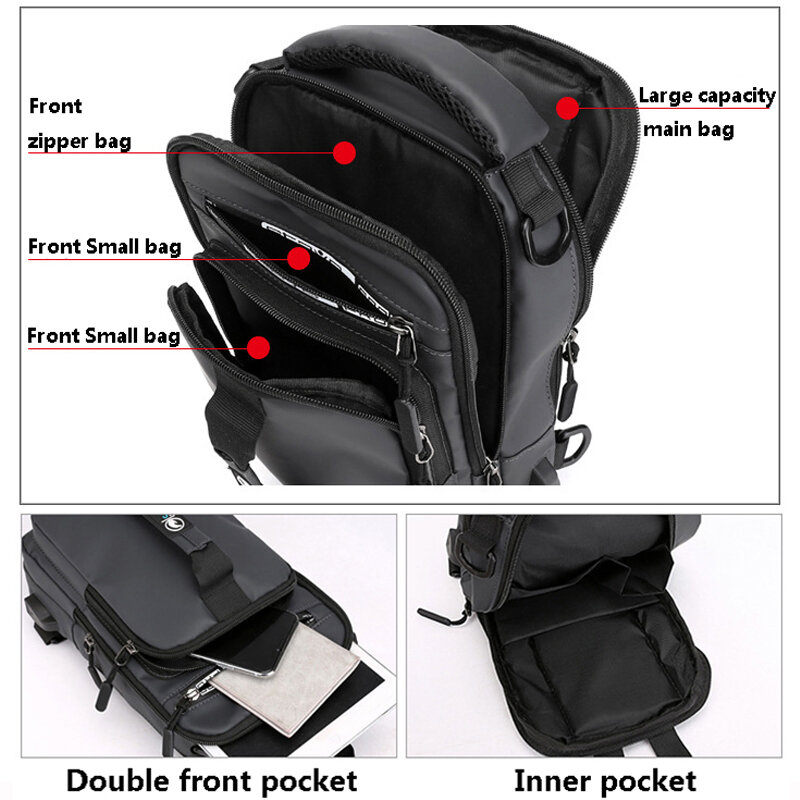 SUUTOOP Men Multifunction USB Shoulder Bag Crossbody Cross Body Sling Chest Bags Waterproof Travel  Pack Messenger Pack For Male