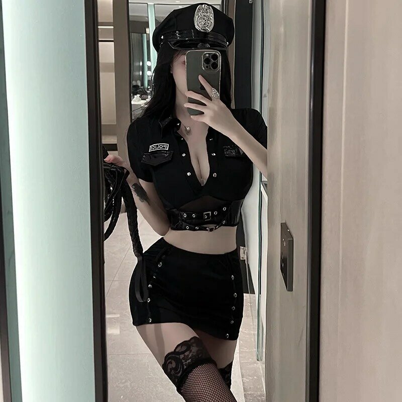 Exotic Costumes Policewoman Sexy Temptation Open Gear Uniform Nightclub Top Skirt Panties Hat Stockings Leather Whip Set