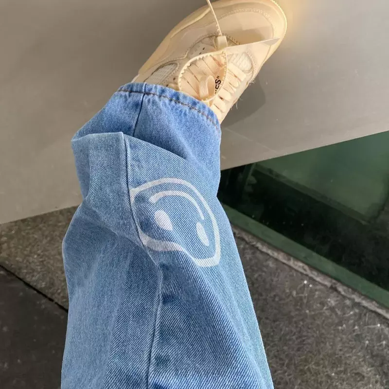 2023 jeans stampati faccia sorridente moda hip-hop casual marea marca pantaloni in denim a gamba larga donna Y2K abbigliamento donna retrò
