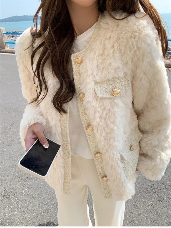 여성용 인조 양모 패치워크 모피 재킷, 따뜻하고 달콤한 모피 솜털 코트, 2023 가을 겨울 두껍고 따뜻한 플러시 코트