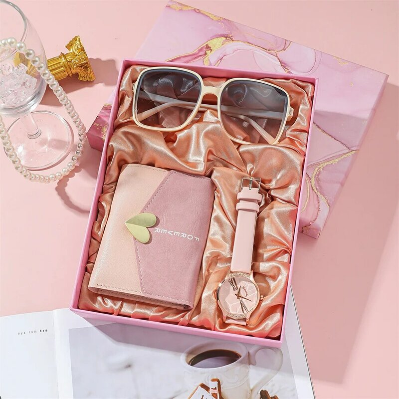 3pcs/set Womens Watch Set with Gift Box Fashion Wallet Trendy Glasses Ladies Quartz Wristwatches Female Clock Gifts for Women