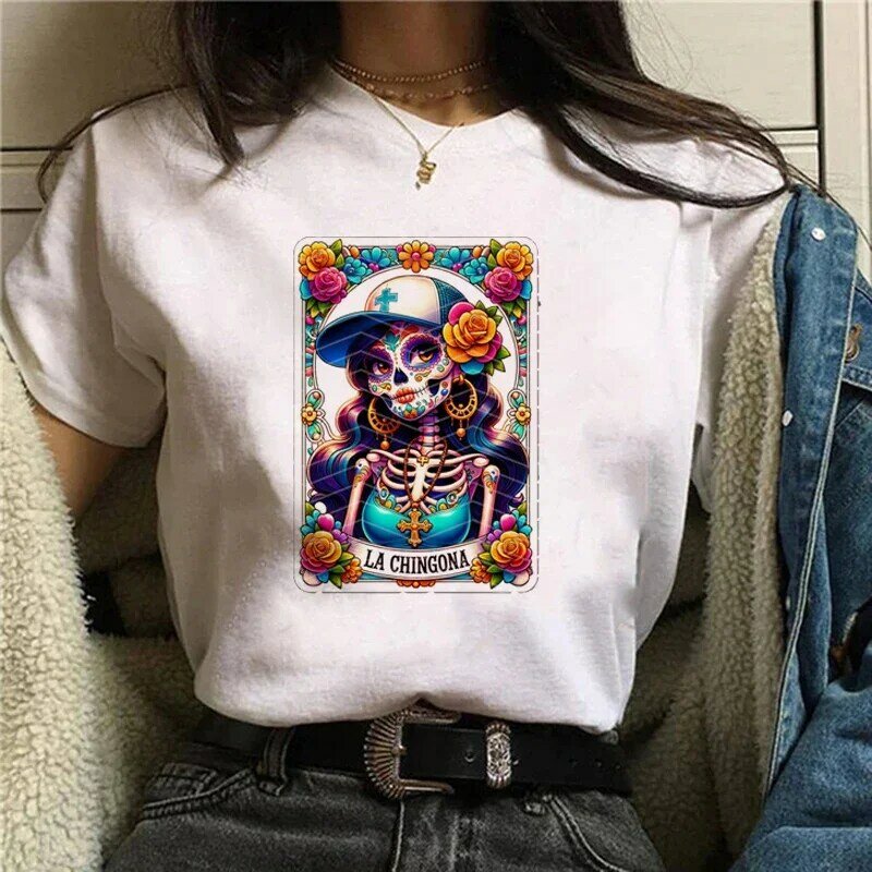La Chingona-Camiseta estampada na moda aquarela, top de rua, manga curta, desenho animado, estilo casual, moda verão