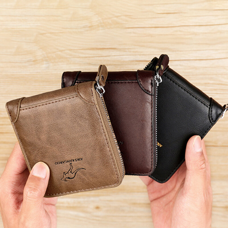 Leather Men’s Wallet Luxury Mens	Purse Male Zipper Card Holders with Coin Pocket Rfid Wallets Gifts for Men Money Bag