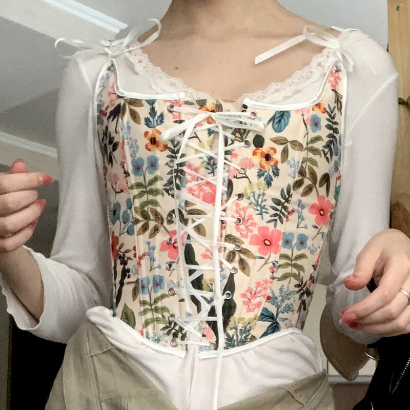 Corset vintage à imprimé floral, haut à lacets, sous-buste médiéval, haut court élégant, caraco précieux corset femme sexys