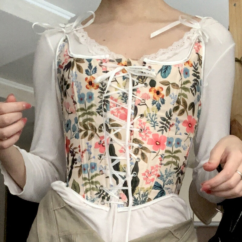 Bloemenprint Vintage Korset Veters Buister Top Middeleeuwse Korset Onderbuste Ren Faire Crop Top Elagant Tank Hemdje