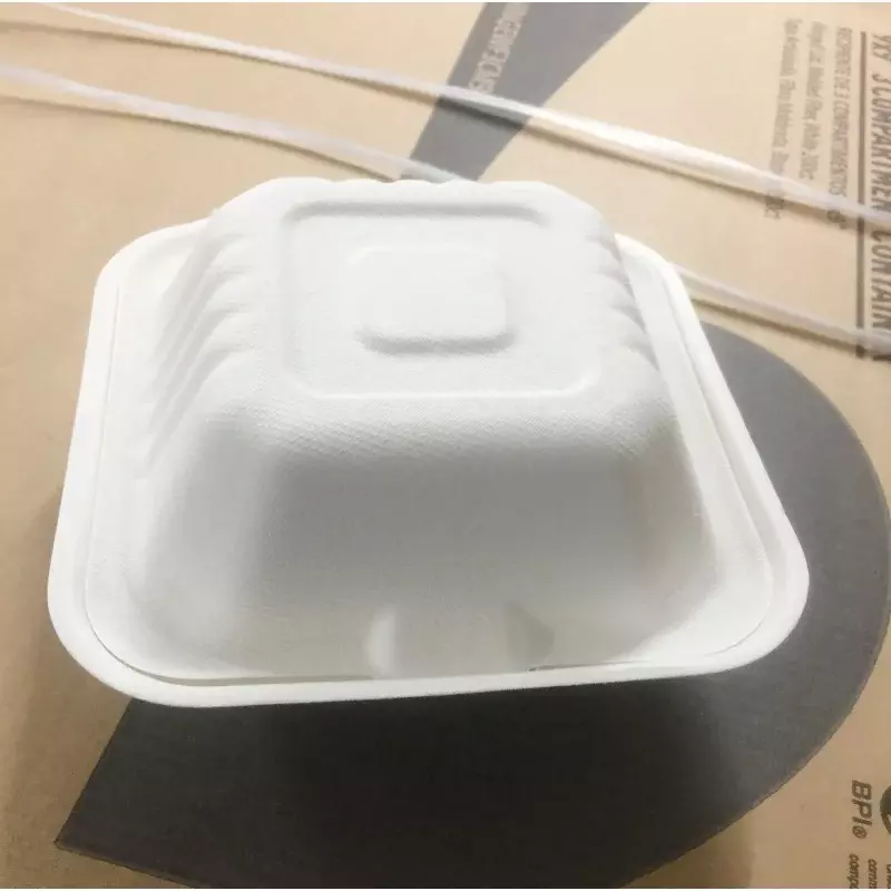 Produk disesuaikan grosir kualitas makanan Biodegradable Clamshell gula Bagasse kotak makan siang 6 inci Burger kotak makanan