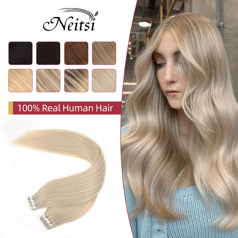 Neitsi натуральные волосы для наращивания на ленте, натуральные накладные человеческие волосы, прямые, 12 "-24", блонд, Омбре, машина Remy, бесшовные волосы для кожи