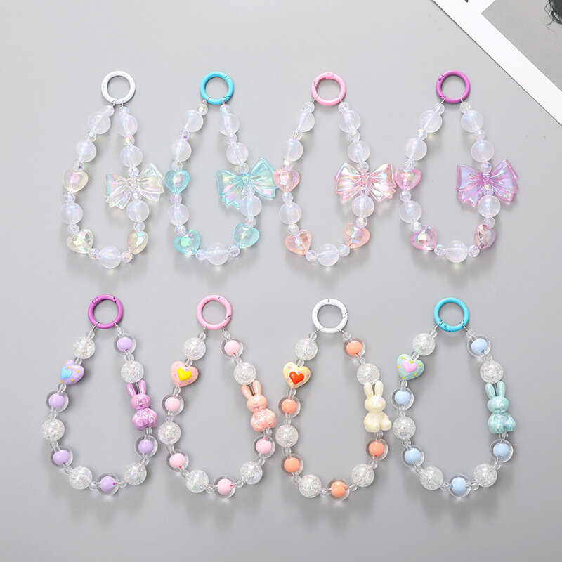 New in Y2K Heart Bowknot Phone Chain Cute Acrylic Rabbit Beaded Lanyard Rope for Girls Keychain Mobile Phone Case Hanging Chain