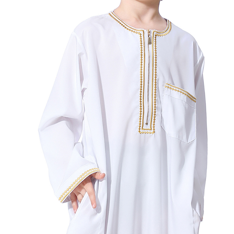 Bata musulmana de cuello redondo para niños, vestido bordado de manga larga, Abaya, Arabia Saudita, Kaftan, Jubba, Thobe, ropa islámica