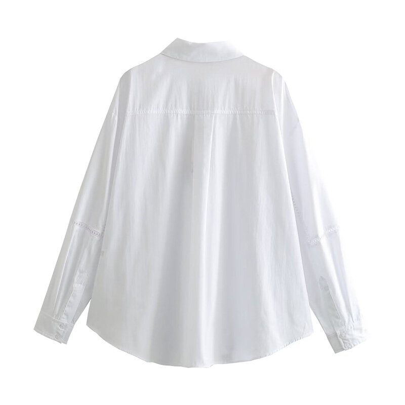 Camisa de renda vertical de um só peito, lapela de manga comprida, blusa curta branca, blusa solta casual, nova, verão, 2024