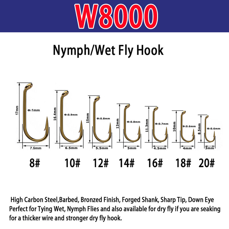 Vampfly 50pcs Barbed Fishing Fly Hook Nymphs Pupa Egg Fly Dry Fly Wet Fly Jig Nymph Hook Caddis Streamer Fly Tying Hook