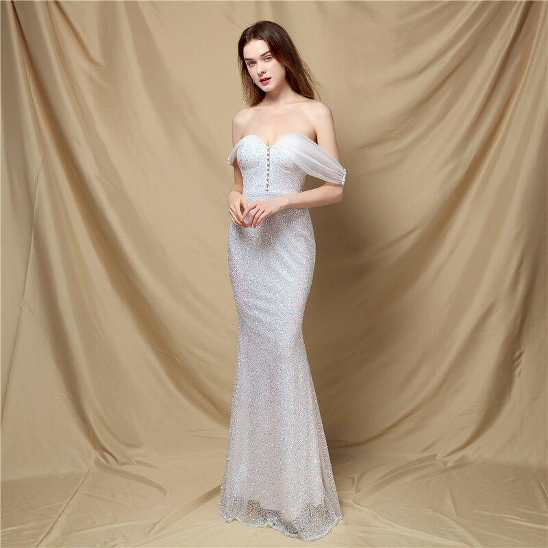 Gaun Pernikahan Prom Putri Duyung Biru Putih Payet Glitter Seksi Tanpa Bahu Jubah Berkancing Gaun Malam Pesta Formal