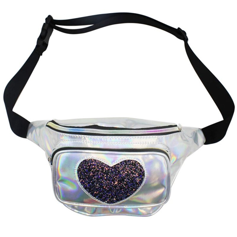 Holographic Pack Cute Iridescent Waist Bag Heart Sequin Rainbow Bum Bag With Adjustable Belt For Party Festival Rave