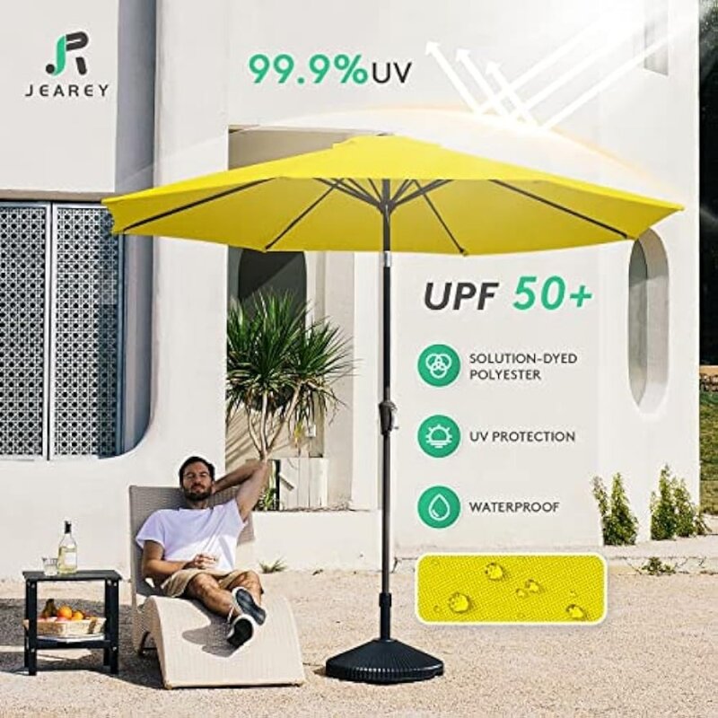 JEAREY-sombrilla de Patio para exteriores, paraguas de mesa con botón pulsador de inclinación y manivela, 8 varillas resistentes, color amarillo, 9 pies