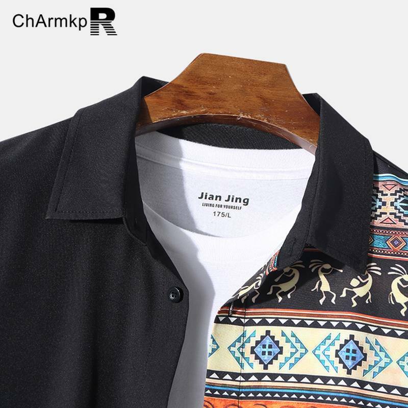 ChArmkPR طباعة حيوان هندسية قمم خليط طويلة الأكمام ، قمصان الرجال ، ملابس الشارع الكبيرة الحجم ، ملابس الصيف والربيع ،