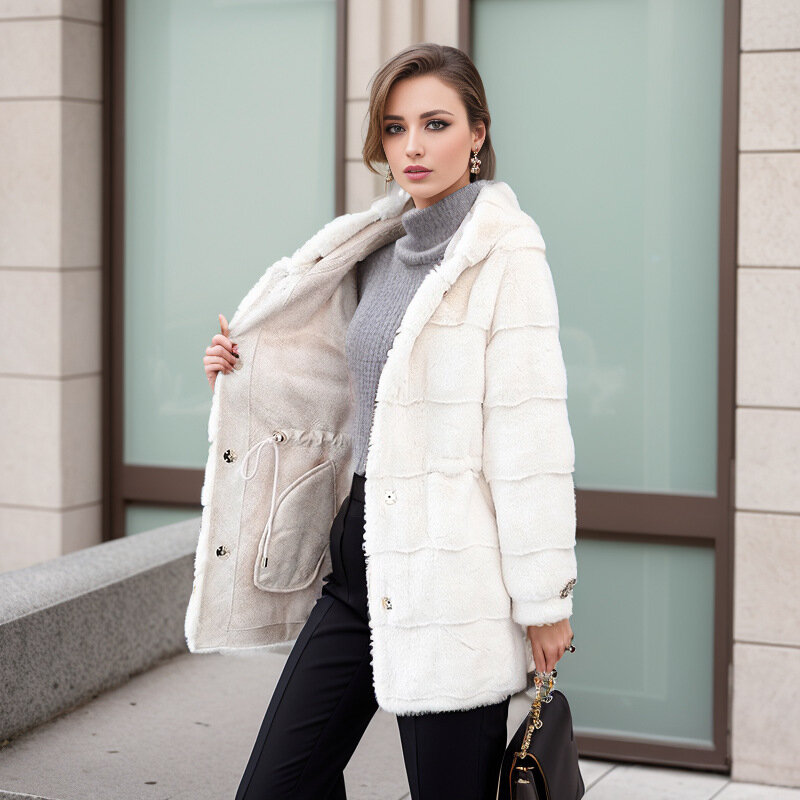 2023 Winter New Mink Fur Coat Women's Imitation Fur Mid-Length Hooded Rhinestone Slimming Waist Fashion Coat Female Black White