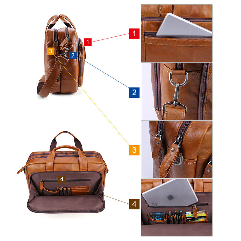 Tas selempang kulit asli untuk pria, tas kerja Laptop 15.6 inci 17 inci, tas kurir bisnis kapasitas besar, tas tangan kantor