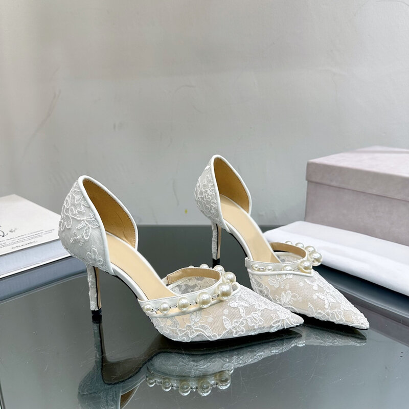 Zapatos de tacón alto con punta puntiaguda para Mujer, Sandalias de diseñador con perlas de encaje, zapatos de boda nupciales, 2024