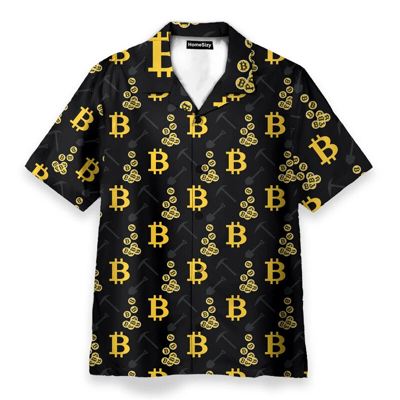 Camiseta de praia masculina com gráfico bitcoin, manga curta, de abotoar, vocacional havaiana, blusa casual, estampada, verão