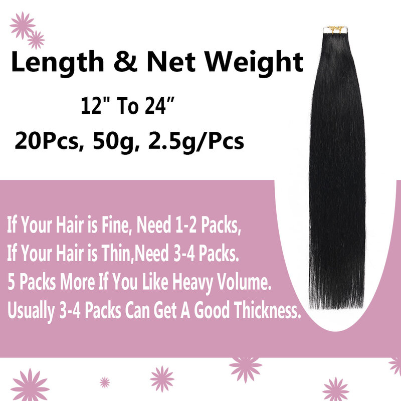 Tape In Hair Extensions Human Hair Jet Black 100% Remy Human Hair Extensions 20inch 20pcs 50g Straight Seamless Skin Weft Hair
