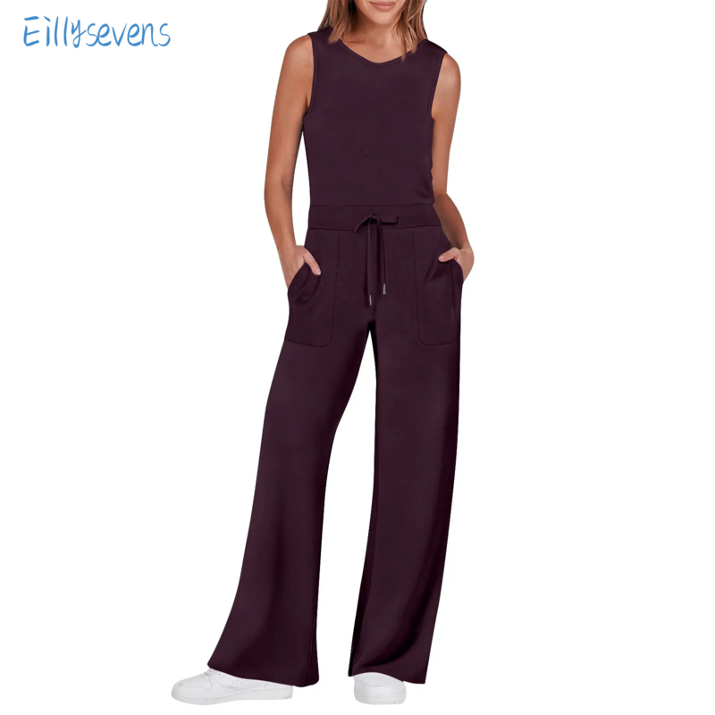 Women'S Tube Jumpsuits Casual Versatile Sleeveless Solid Color Commuting Straight Loose Jumpsuits Drawstring Lace-Up Rompers