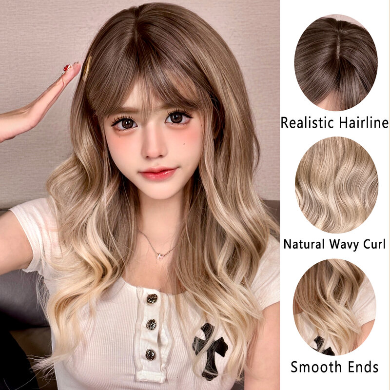 HAIRCUBE Brown to Blonde Synthetic Wigs Long Wavy Wigs with Bangs for Women Christmas Party Daily Wigs High Temperature Fiber