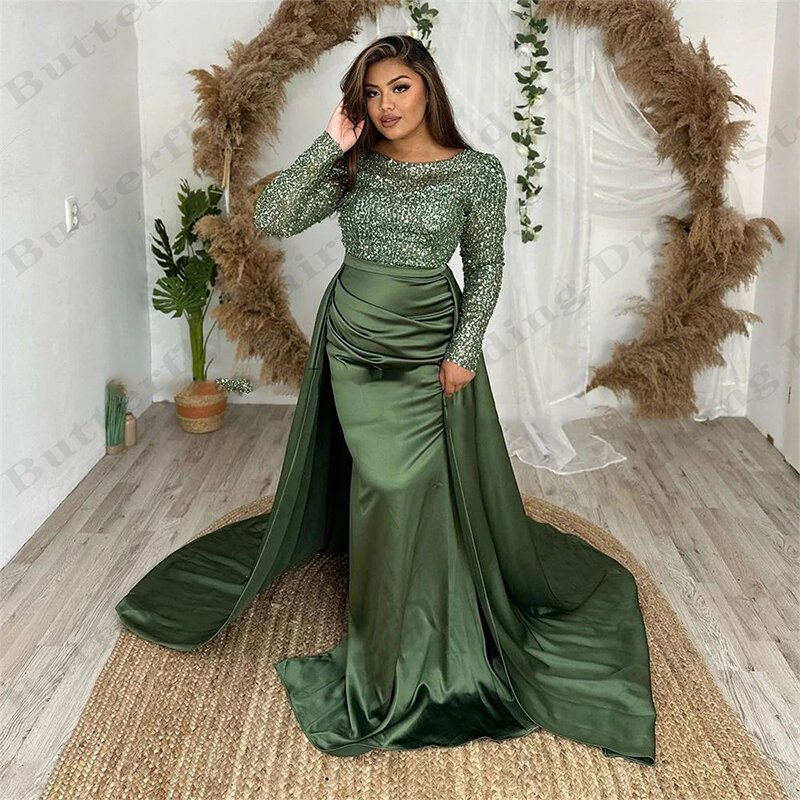 Sexy Long Evening Dresses Fashion Party Gorgeous Satin Sparkling Elegant Round Neck Long Sleeves Mopping New Prom Gowns 2024