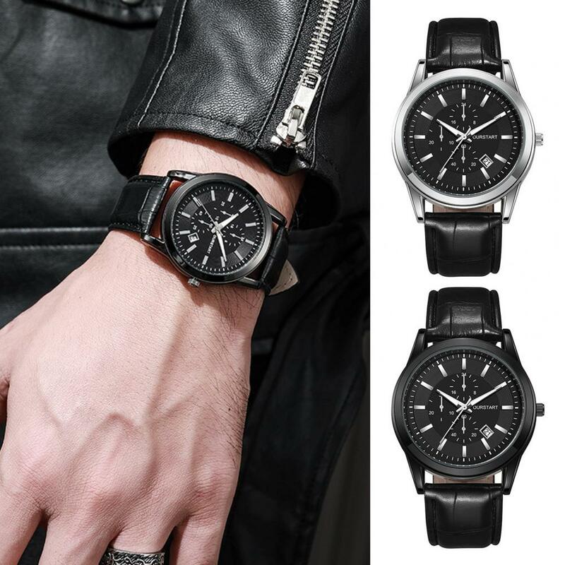 Sophisticated Men Wristwatch with Calendar Minimalist Men's Quartz Watch with Calendar Faux Leather Strap Round Dial for Teens