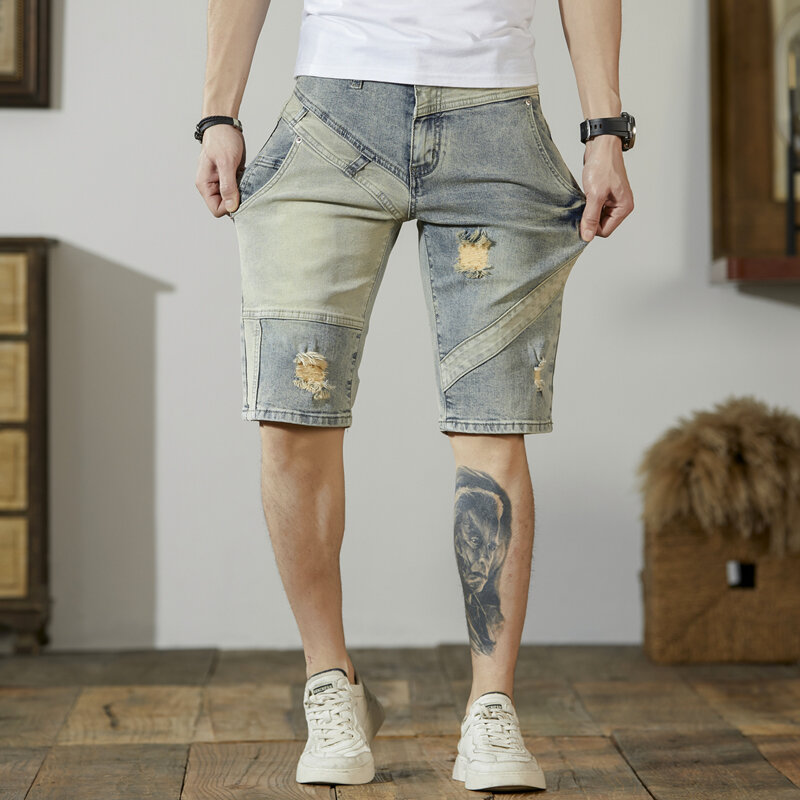 Летние тонкие рваные джинсовые шорты в стиле ретро, мужские облегающие Стрейчевые Лоскутные Повседневные укороченные брюки с прострочкой