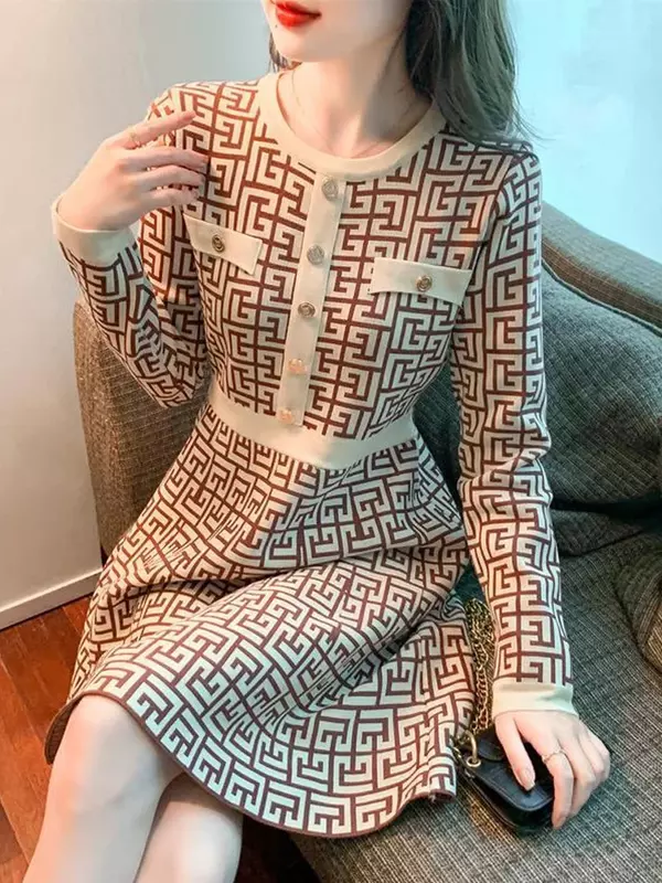 NMZM Winter Printed Knitted Women's Dress Sweater Long sleeved O-neck Fashion Slimming Dress Women's Dress Button