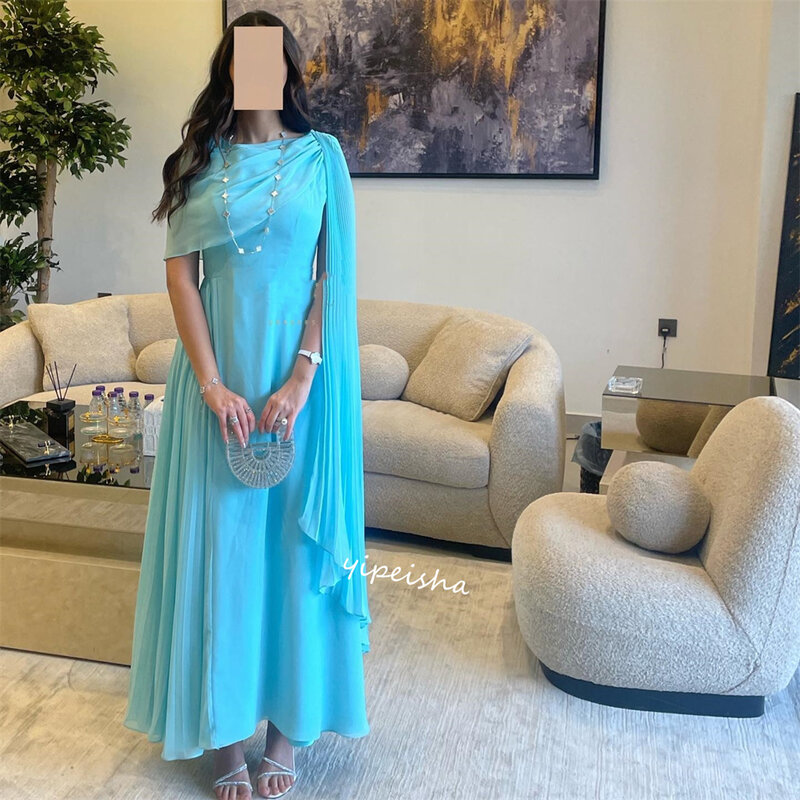 Mulheres Cetim drapeada O-Neck Prom Dress, Vestido de noite, A-Line, Ocasião sob medida, Arábia Saudita, Natal