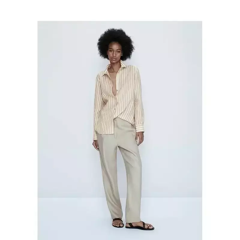 Blusas decorativas com listras retrô para mulheres, botão de manga comprida, tops chiques, duas cores, casual e solta, nova moda, 2023
