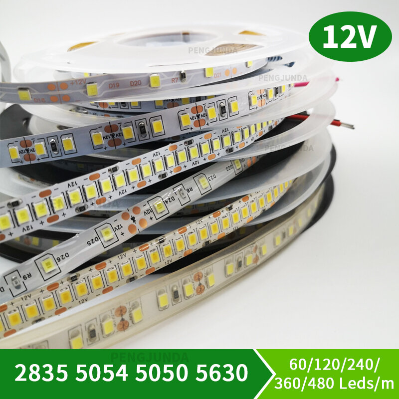Tira de luces LED Flexible, cinta luminosa de diodo resistente al agua, 5M, SMD 2835, 5054, 5050, 5630, 12V, 60/120Led/m, envío rápido