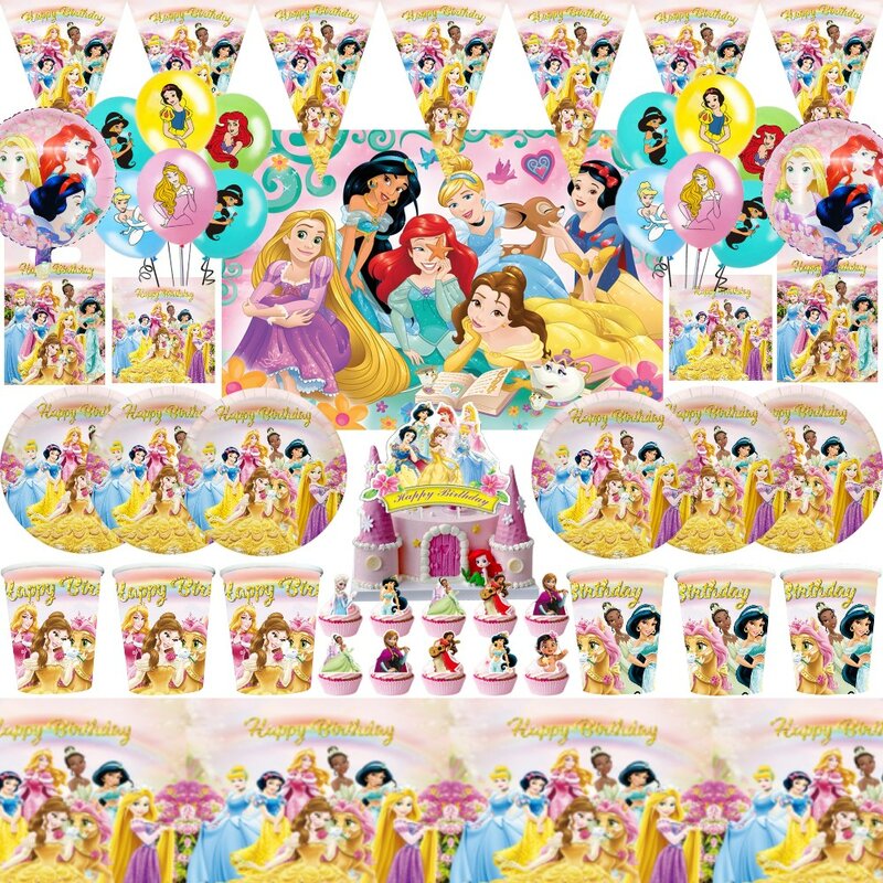 Disney Princess Birthday Party Decoration bambini stoviglie usa e getta fondali palloncini Baby Shower ragazze forniture per feste di compleanno