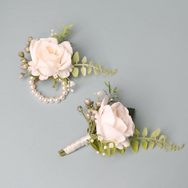 Boutonnières artificielles en Rose blanche, accessoires de mariage, pour marié, témoin de mariage