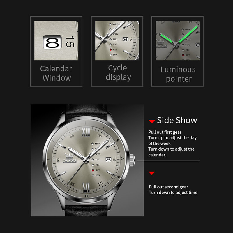 OLEVS 남성용 가죽 방수 달력 비즈니스 시계, 패션 위크 디자인 쿼츠 시계, 새로운 브랜드
